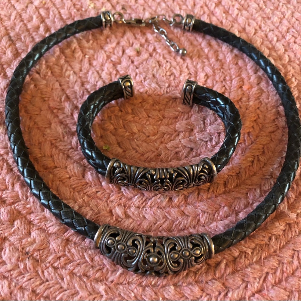 925 Sterling Silver & Braided Leather choker & bracelet set by Joseph Esposito